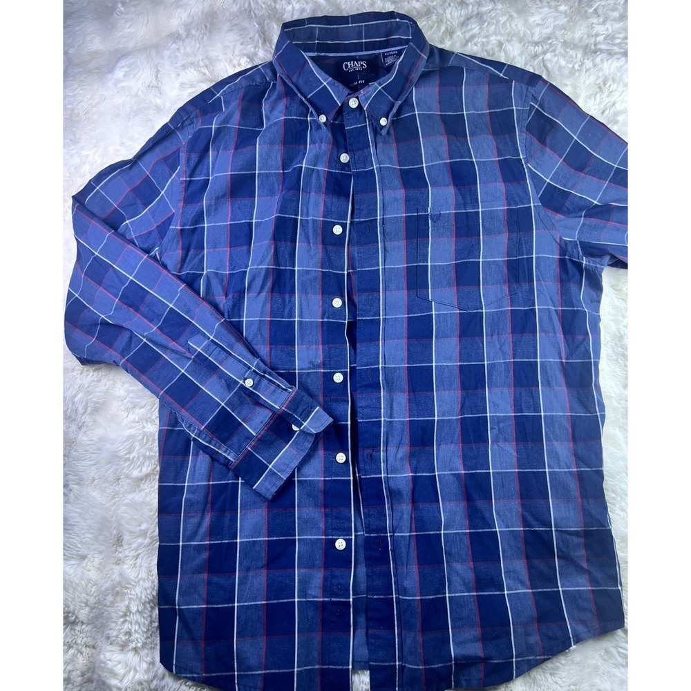 Chaps Mens XL Blue Plaid Slim Fit Long Sleeve Button-Down Button-Up Pockets. A27